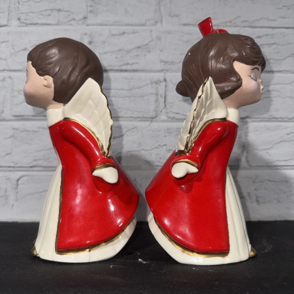 VTG MCM 1976 Hand Painted Ceramic Christmas Choir Angels Set Of 2 7.5
